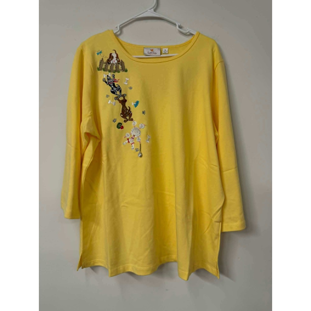 New Quacker Factory Women's 1X Yellow Dog Embroidered Top Cotton 3/4 Sleeve